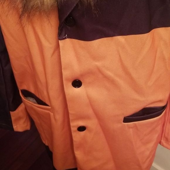 Womens Orange & Navy Color Block  Faux Fur Removable Collar Coat New Wool Look L - Picture 6 of 13